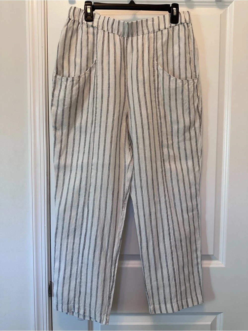 Quince 100% European Linen Tapered Ankle Pant Oatmeal Black Stripe Size L
